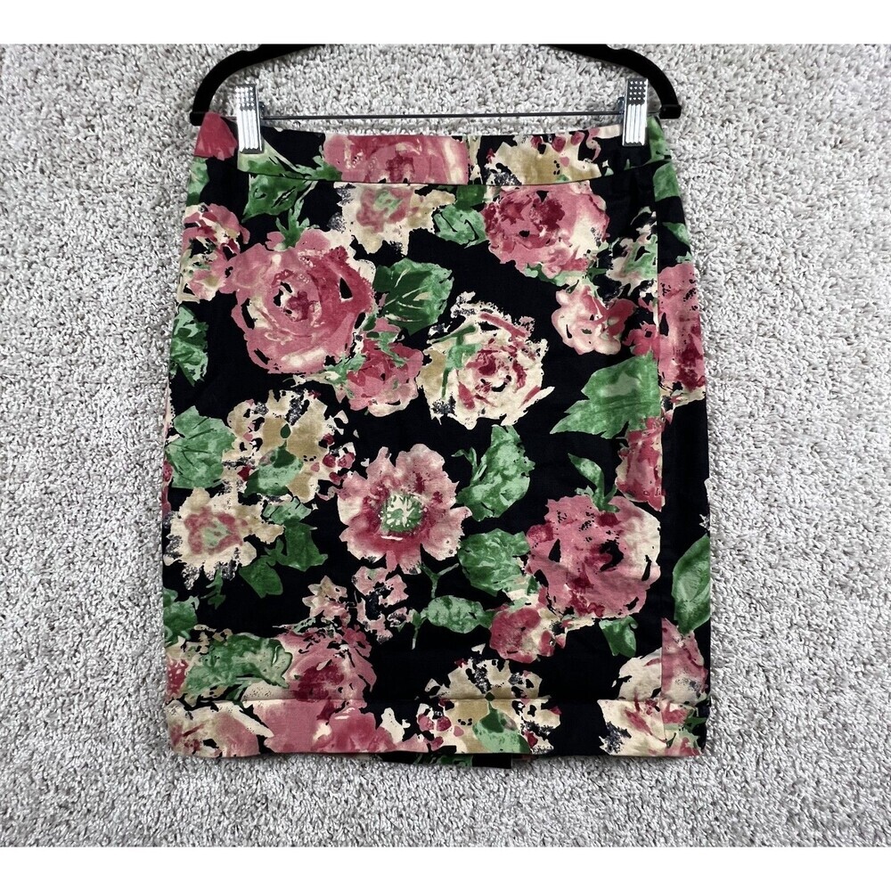 Talbots Petites Floral Pencil Skirt Womens 6P Black Pink Stretch